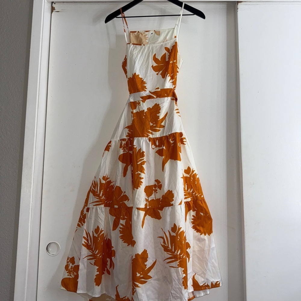 Floral Orange and White Women's Dress Open Back with Tie - Picture 2 of 4